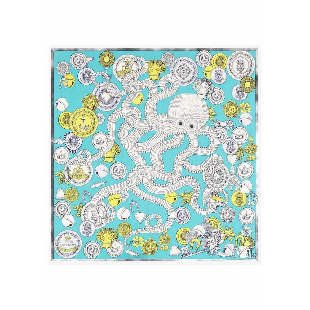 NEW INOUI EDITIONS women's carre 65 octopus scarf in turquoise